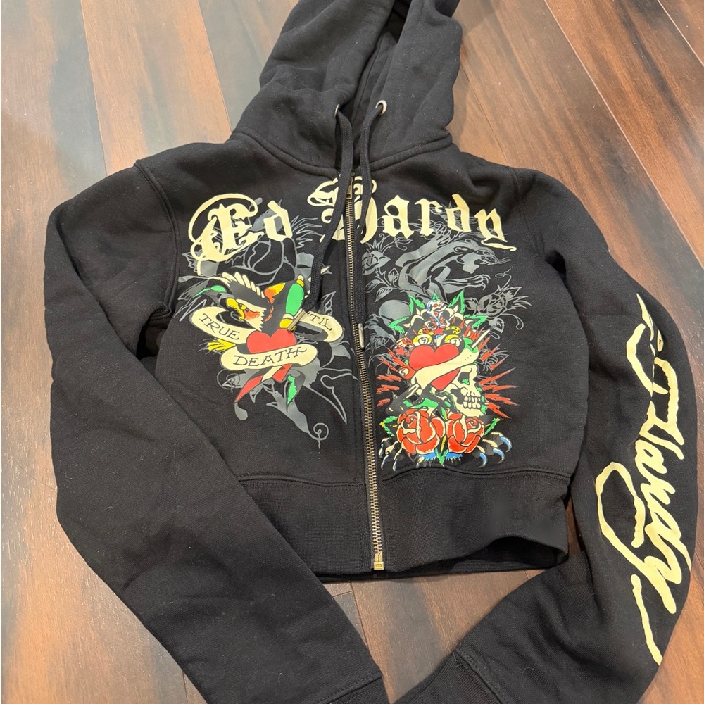 NWT Ed Hardy Black cropped Zip-Up Hoodie
